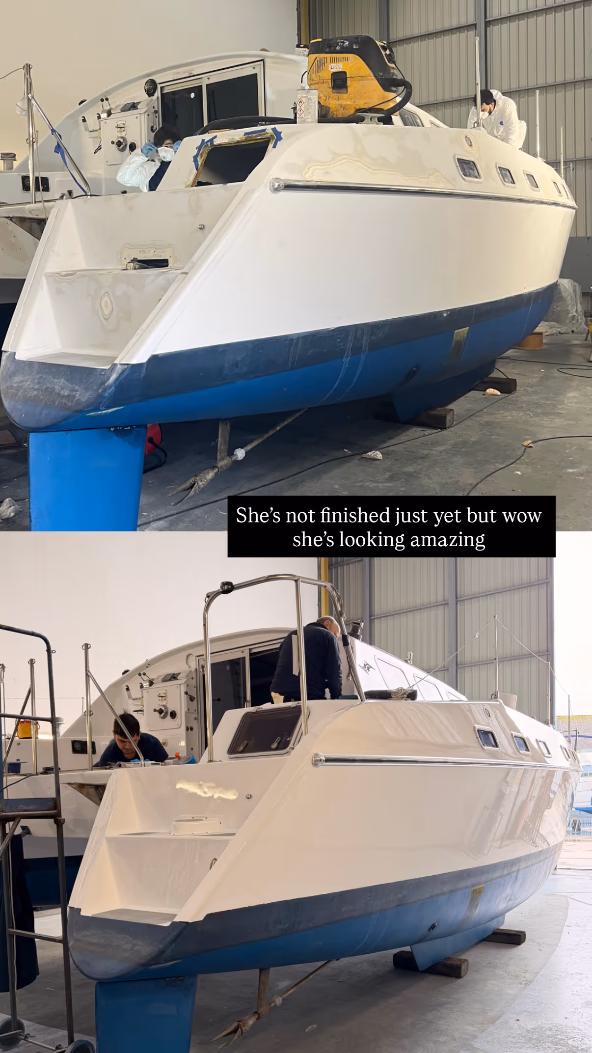 Two images showing a large white boat undergoing construction indoors, with workers actively making repairs.