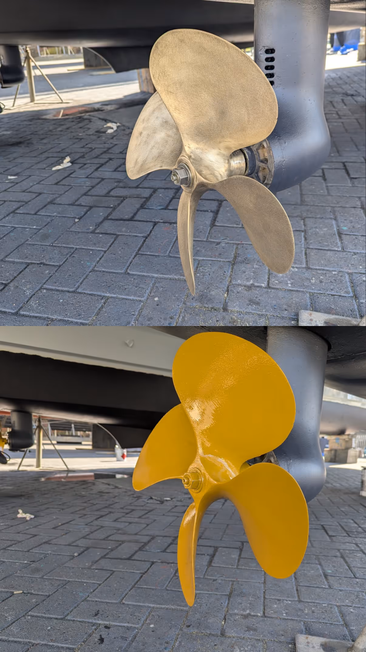 Two images showing a boat propeller before and after being painted yellow.