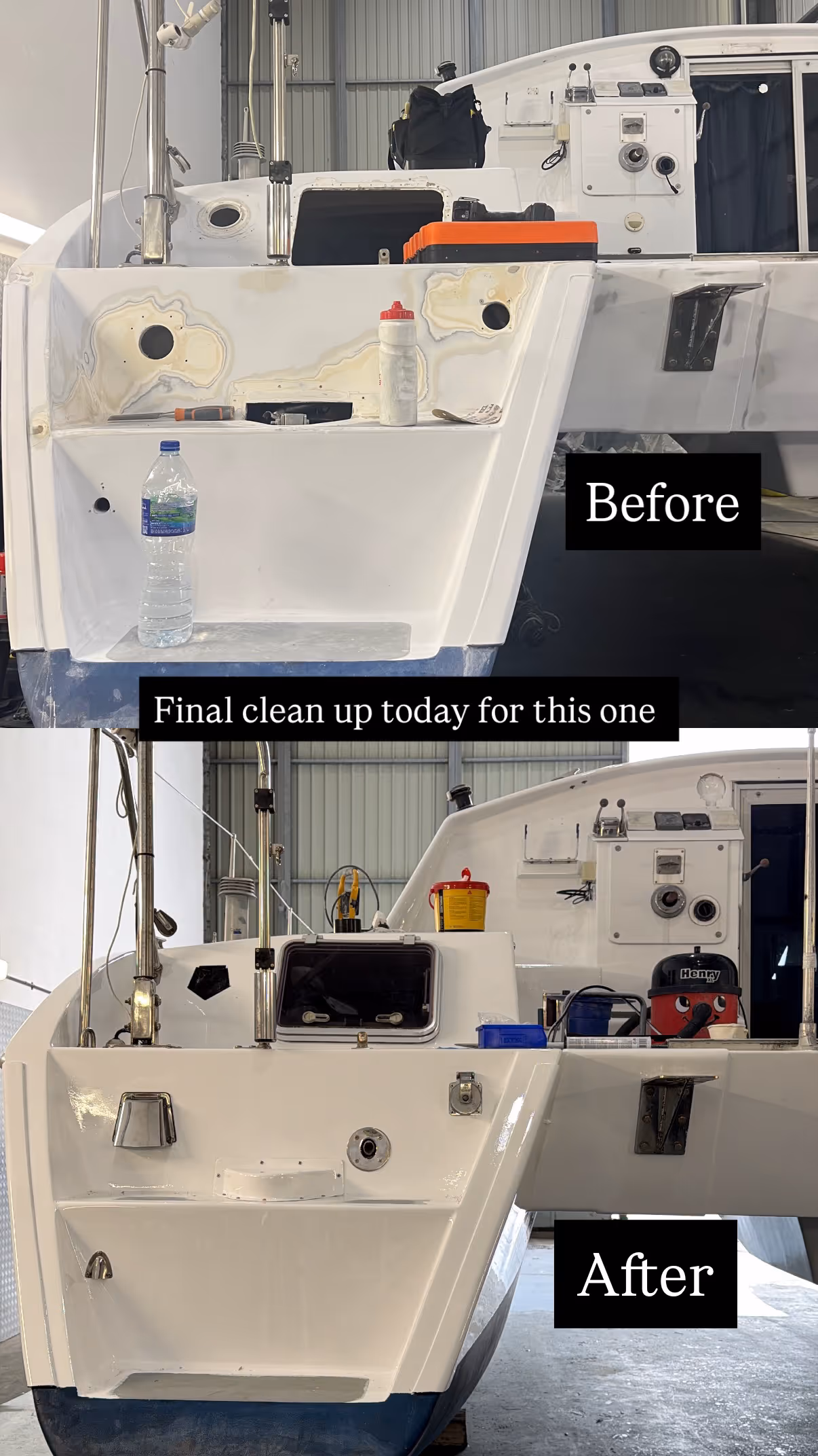 Top image shows a boat's rear before cleaning; bottom image shows it clean and organized.