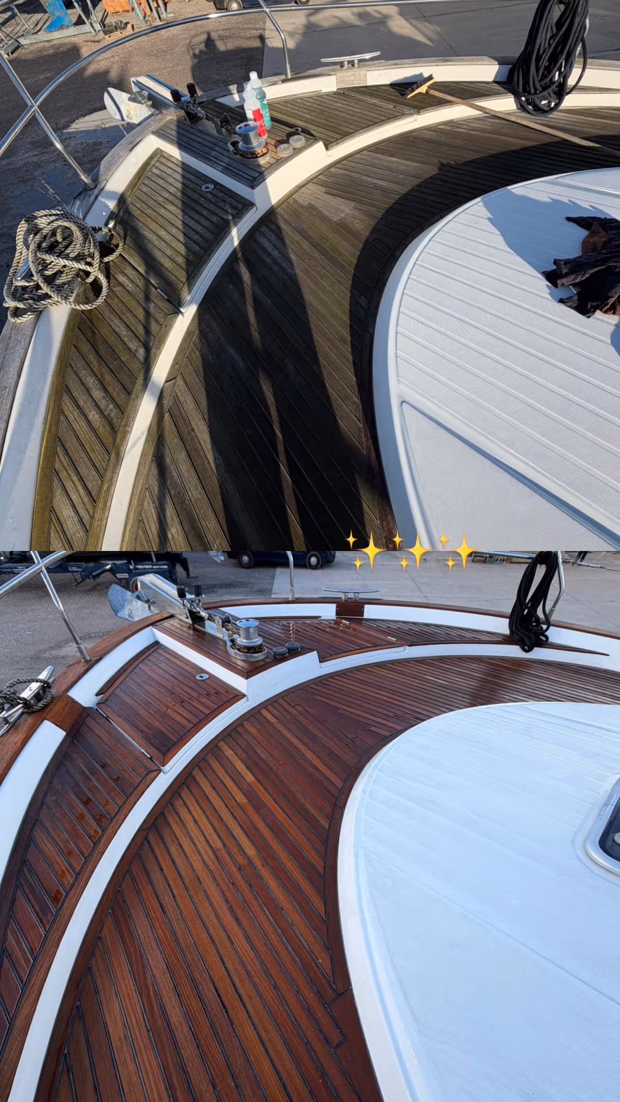 A boat deck is shown before and after cleaning, from dirty and dark to shiny and bright.