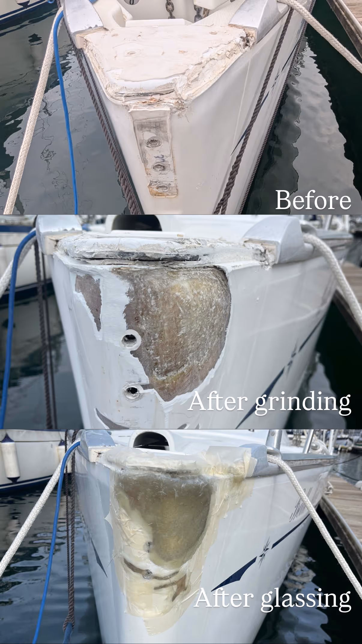Three images show boat repair: damaged bow, smoothed surface after grinding, and restored section after glassing.