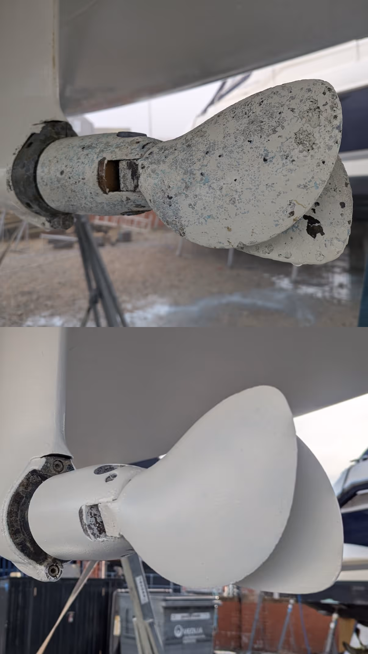 Two images showing a boat propeller: the top covered in residue, the bottom cleaned and painted white.