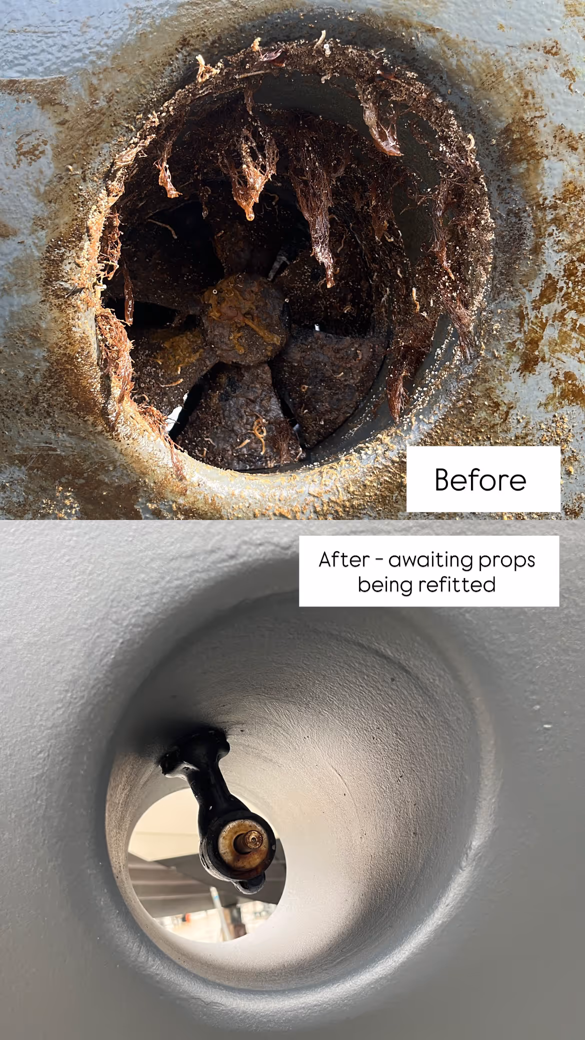 Top image shows a corroded ship propeller in a tube. Bottom image shows a cleaned tube.