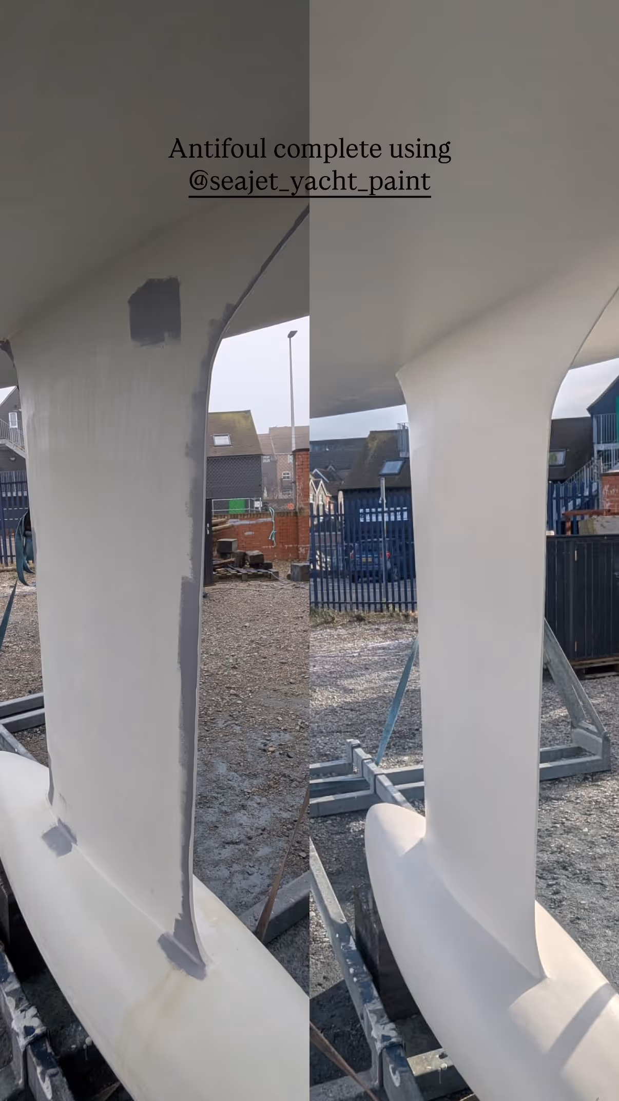 A boat's keel is shown half-painted with antifoul, transitioning from gray to white paint.