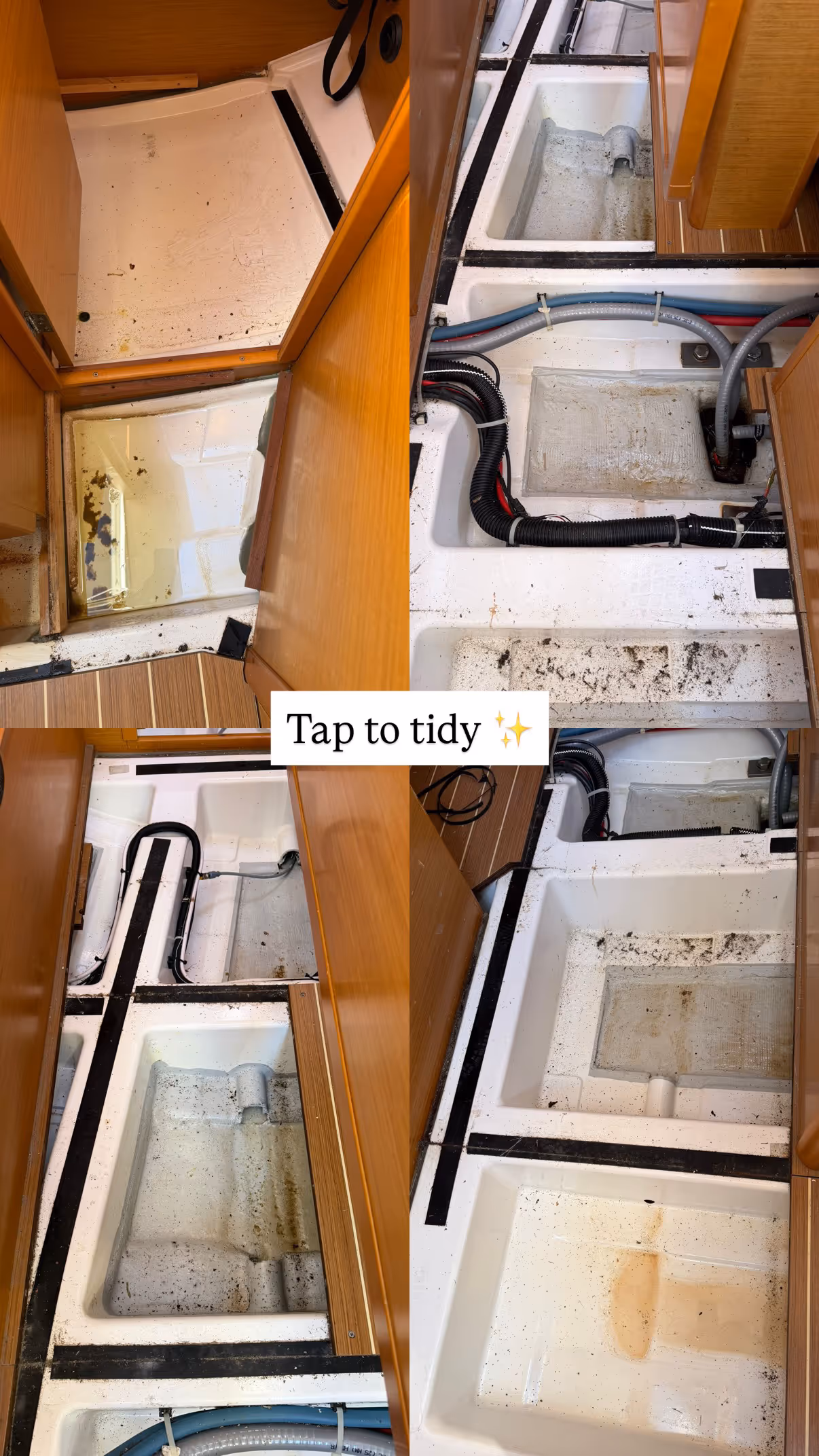 Before and after of a boat interior showing a thorough cleaning of the floor compartments.