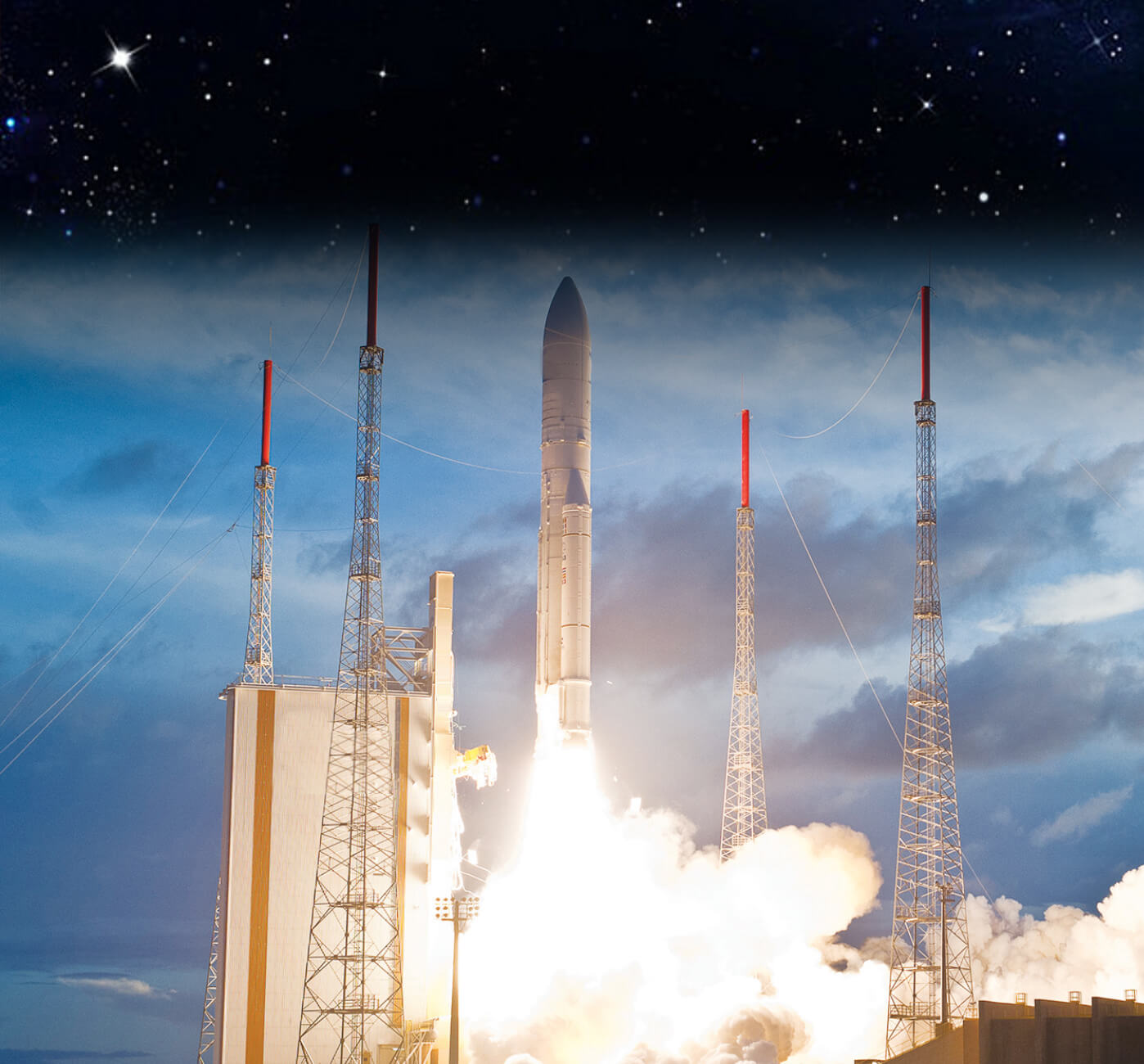 Space launch rocket departure from spaceport.