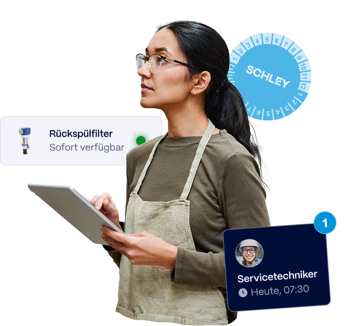 A person holds a tablet in an apron. Notifications about a filter and service technician appear.