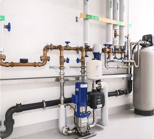 Pipes and valves connected to a pump system on a clean, white wall.