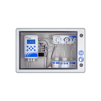 Instrumentation panel with digital display and tubing for monitoring and controlling chemical processes.