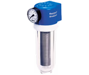 A pressure gauge attached to a cylindrical water filter with a blue housing on top.