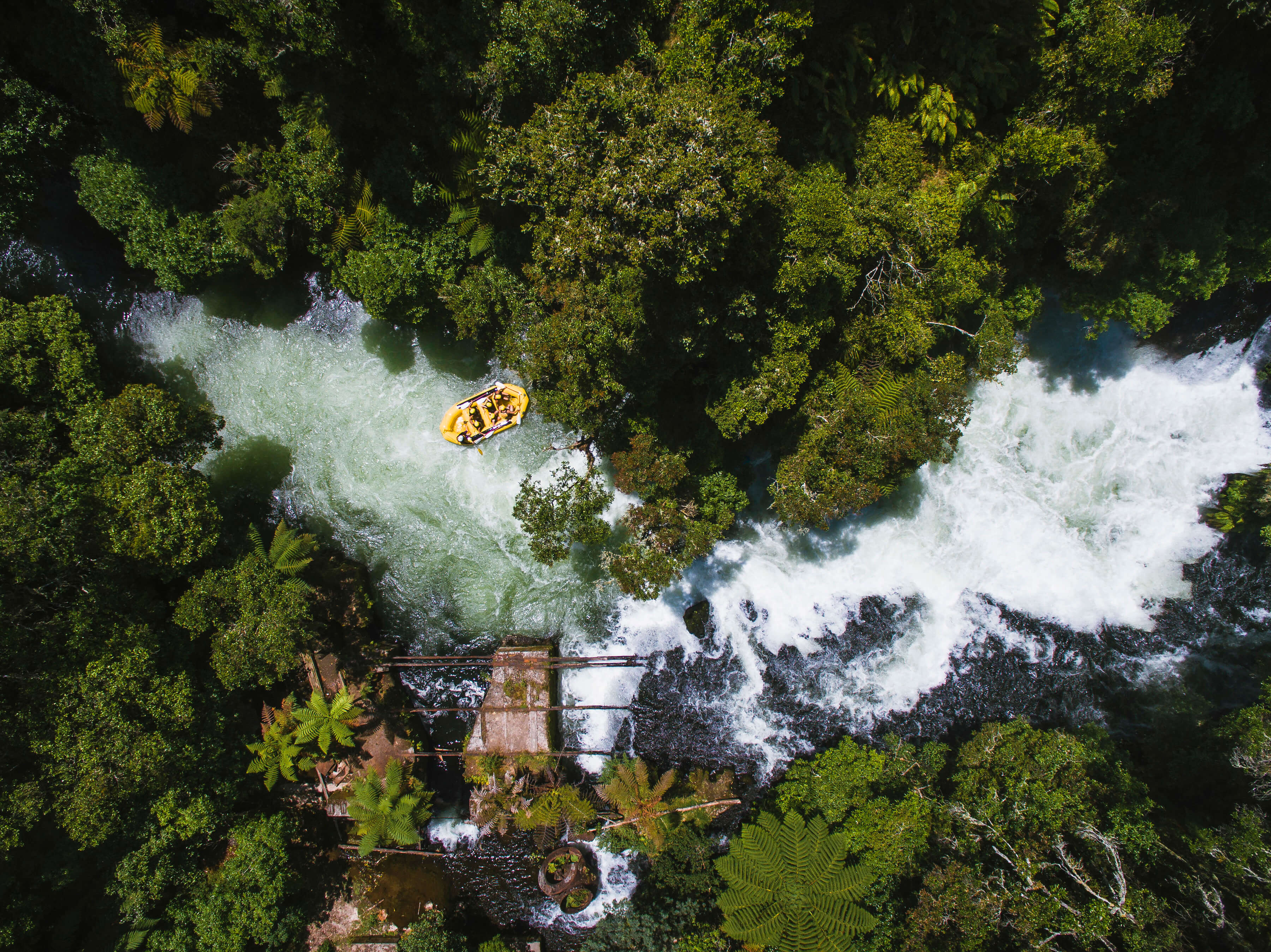 view from above of a group of rafters over the Kaituna river