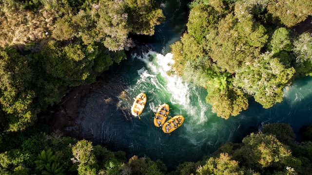 Aerial view of Rotorua Rafting raft on the Kaituna River, New Zealand