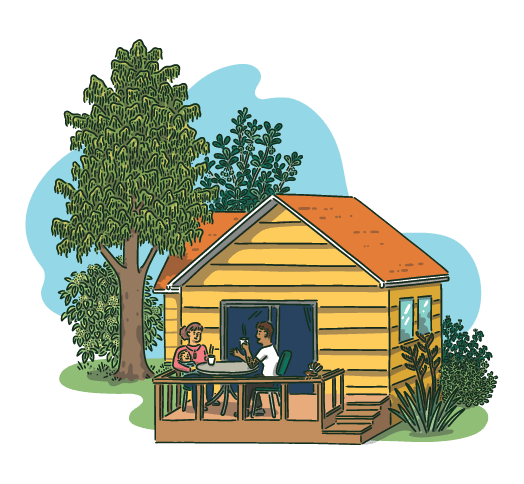People enjoying outdoor space beneath native tree near house, representing how native trees improve quality of life and wellbeing