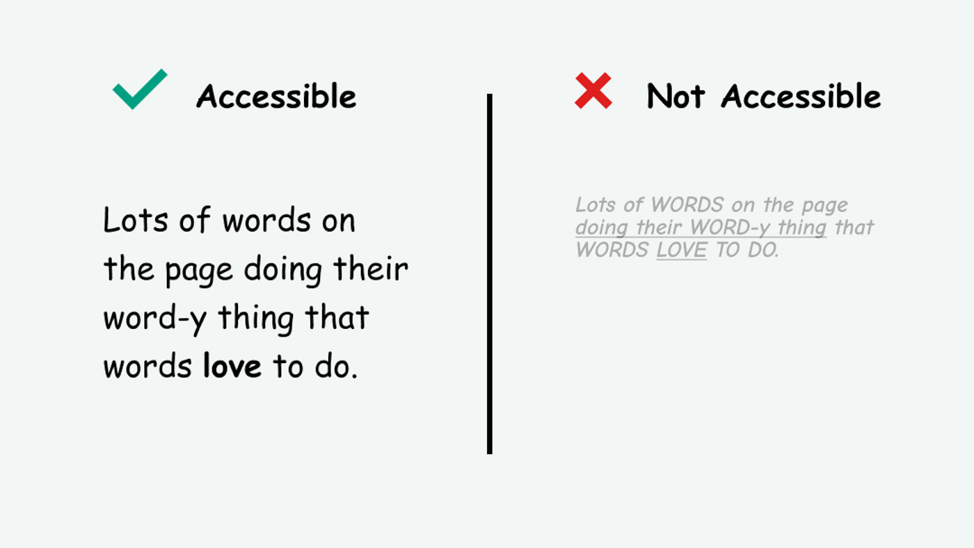 Comparison of accessible text that's easy to read and inaccessible, small, low contrast text.