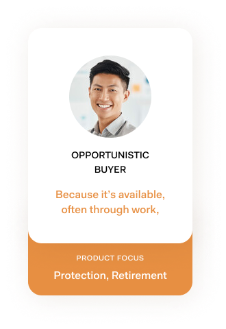 Persona 3: OPPORT-UNISTIC BUYER
Characterized by those who buy life insurance because it becomes available, often through work 
Product focus: Protection, Retirement
