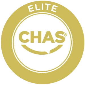 CHAS Elite certification badge with gold circular border and white centre.