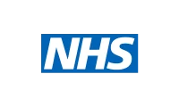 NHS logo in white letters on a blue rectangular background.