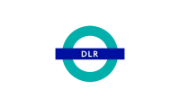 DLR London Underground roundel logo with blue horizontal bar and teal circular outline.