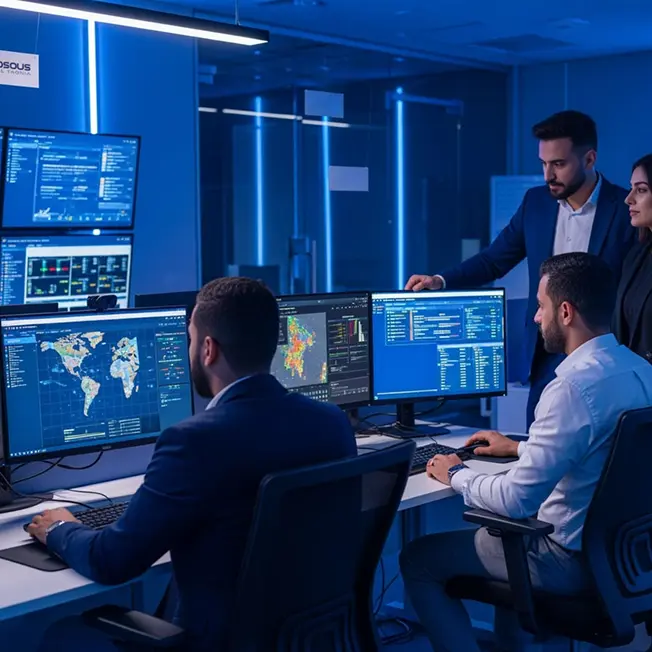 Cybersecurity experts managing firewall systems for Iraqi enterprise