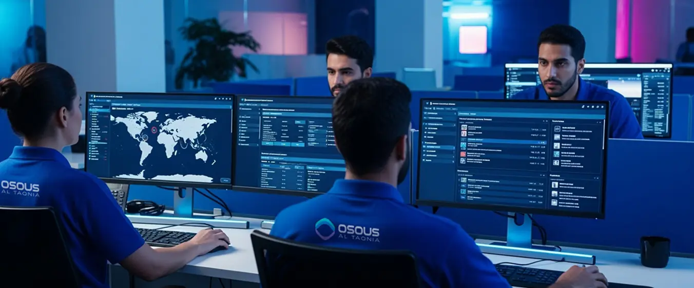Osous Al Taqnia cybersecurity experts monitoring security operations center in Baghdad