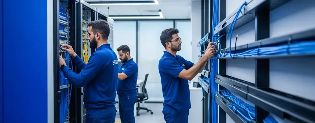 Certified technicians installing structured cabling in Baghdad office
