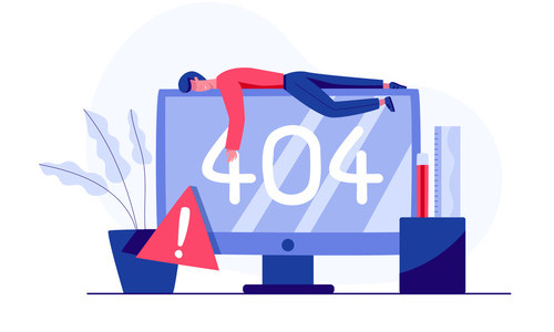 Man lying on computer screen with 404 error message.