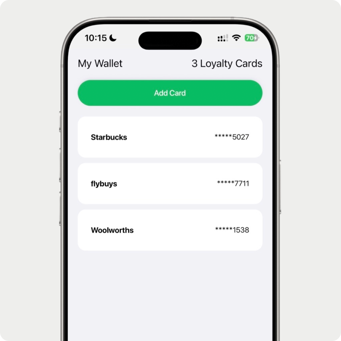 User viewing My Wallet, which currently contains Starbucks, Woolworths, and Flybuys.