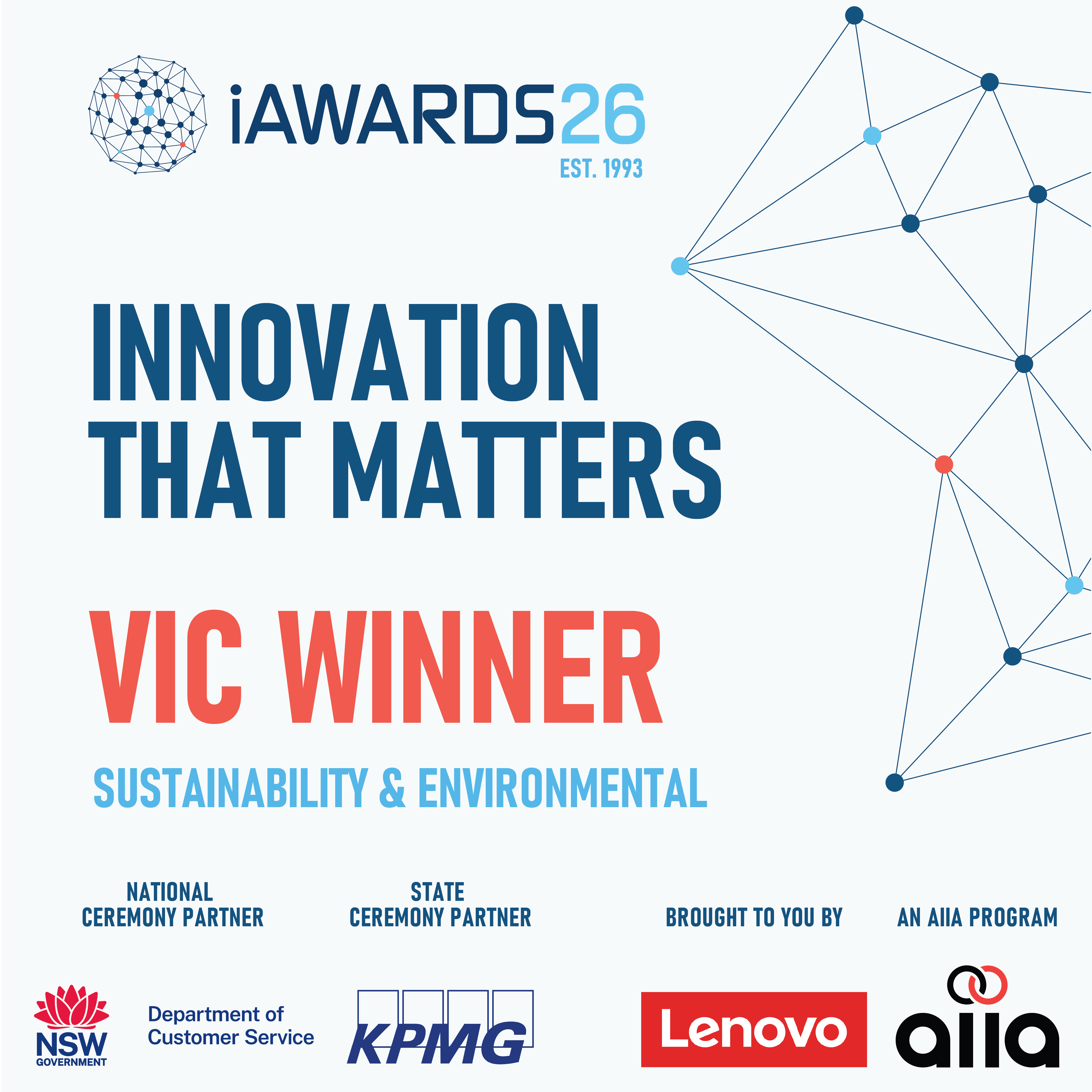 Official 2026 iAwards Victoria Winner graphic for 1receipt, featuring the event theme "Innovation That Matters" and category "Sustainability & Environmental," alongside partner logos including NSW Government, KPMG, Lenovo, and AIIA.
