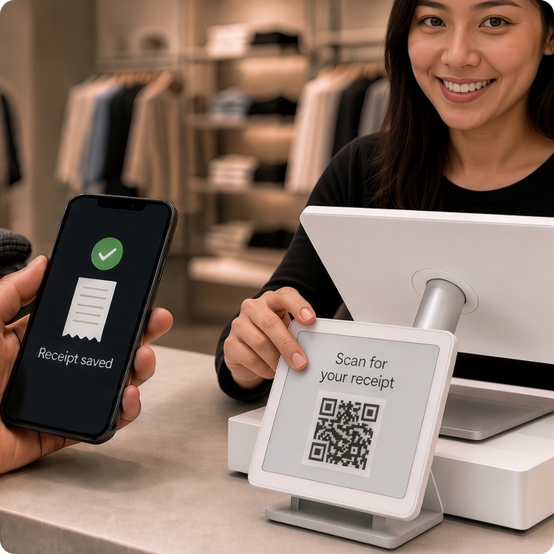 At a clothing boutique checkout, a smiling cashier stands by as a shopper scans the QR code on the customer-facing display, and the 1receipt app shows "Receipt saved."