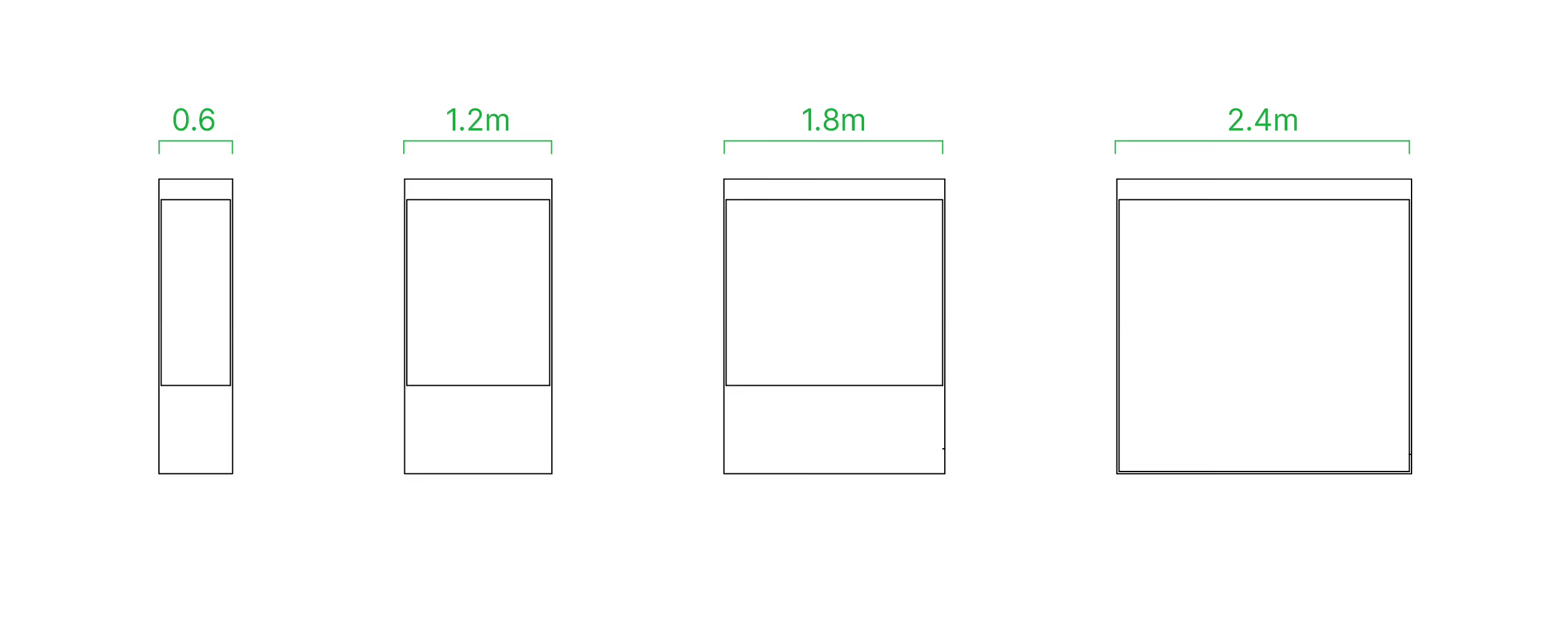 Illustration showing the different Skylark door opening sizes available: 0.6m, 1.2m, 1.8m and 2.4m