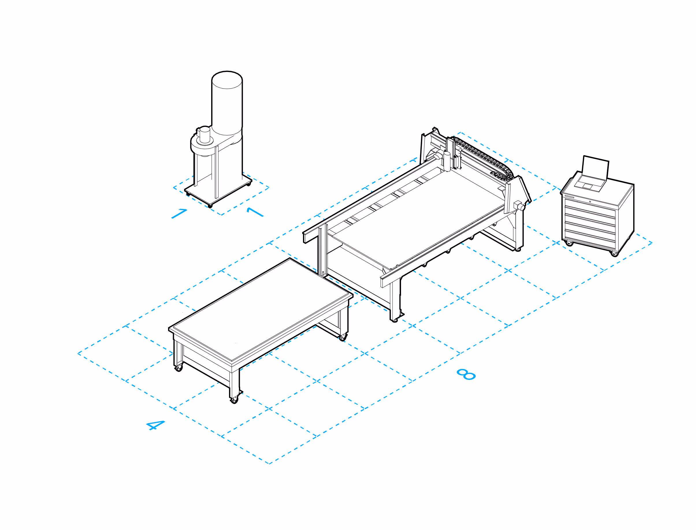 Illustration of fabrication area using one CNC machine, of 4m x 8m.