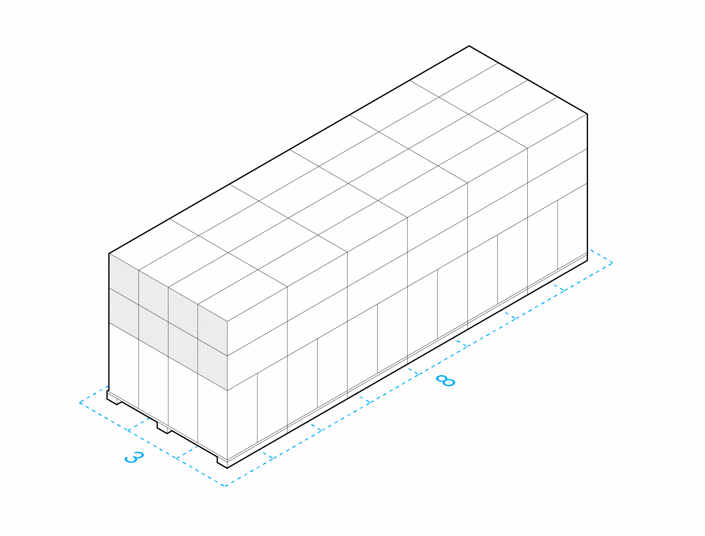 Illustration of pallets insulation rolls, showing a storage area of 3m x 8m.