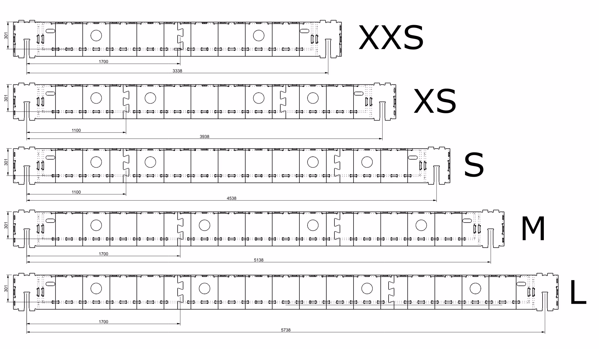 An image showing 5 Skylark 250 series blocks of different lengths. They range from XXS to L size.