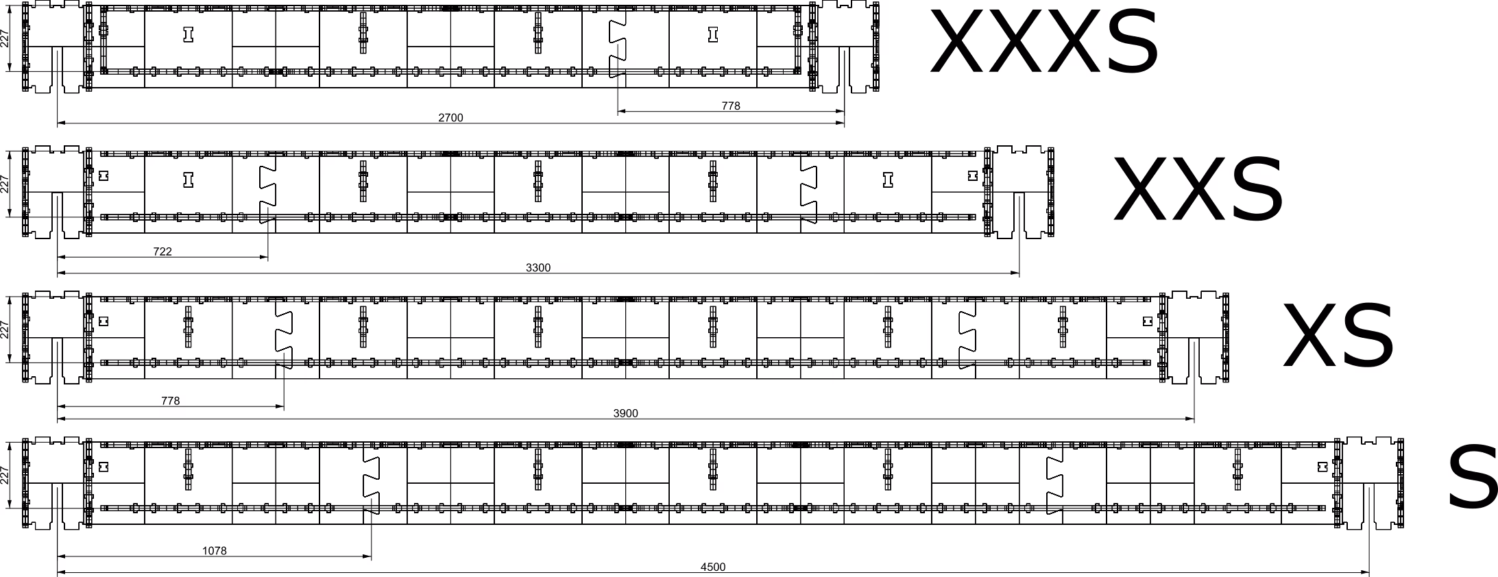 An image showing 5 Skylark 200 series blocks of different lengths. They range from XXXS to S size.