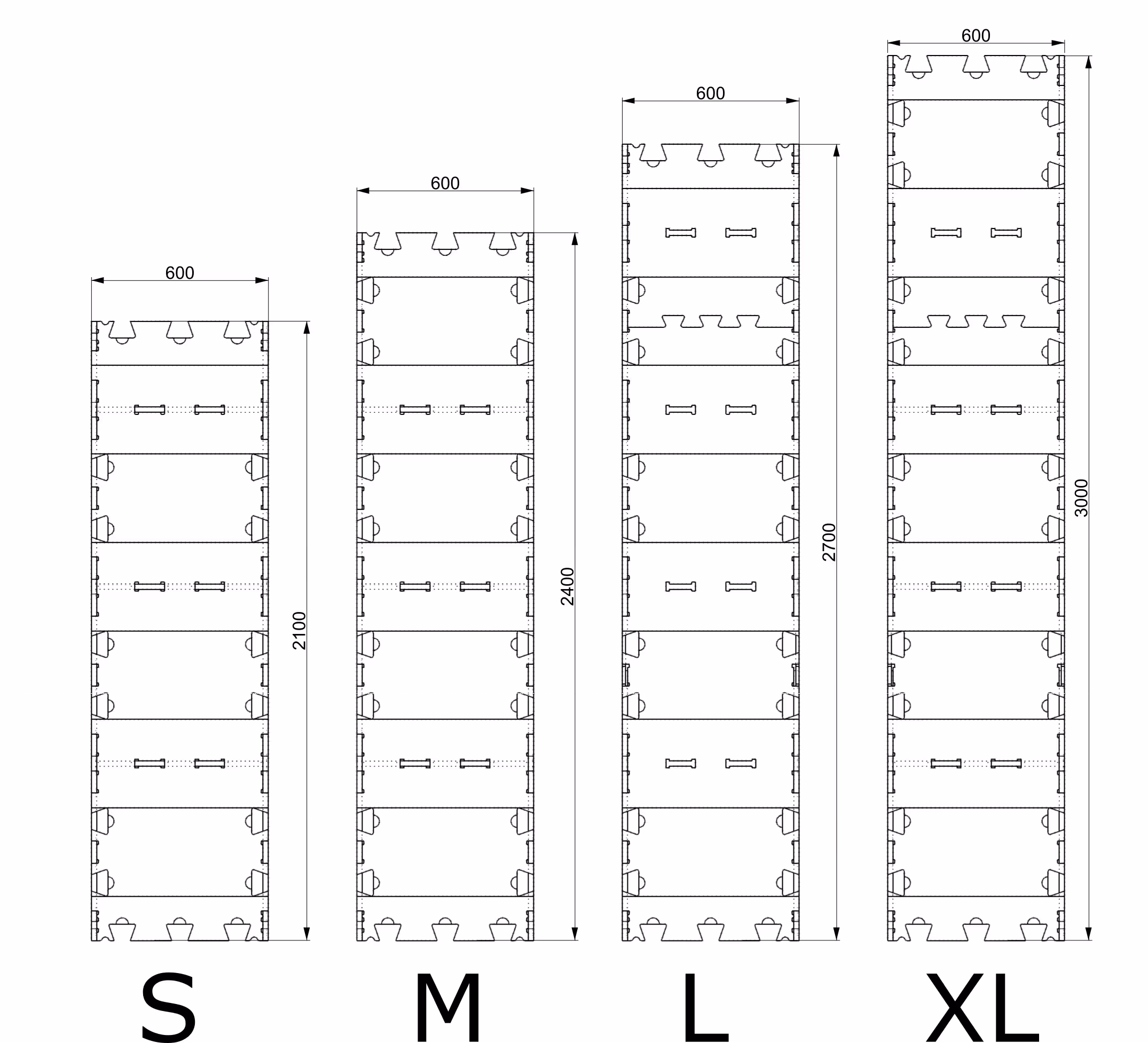 An image showing 4 Skylark blocks of different heights. They range from S to XL.