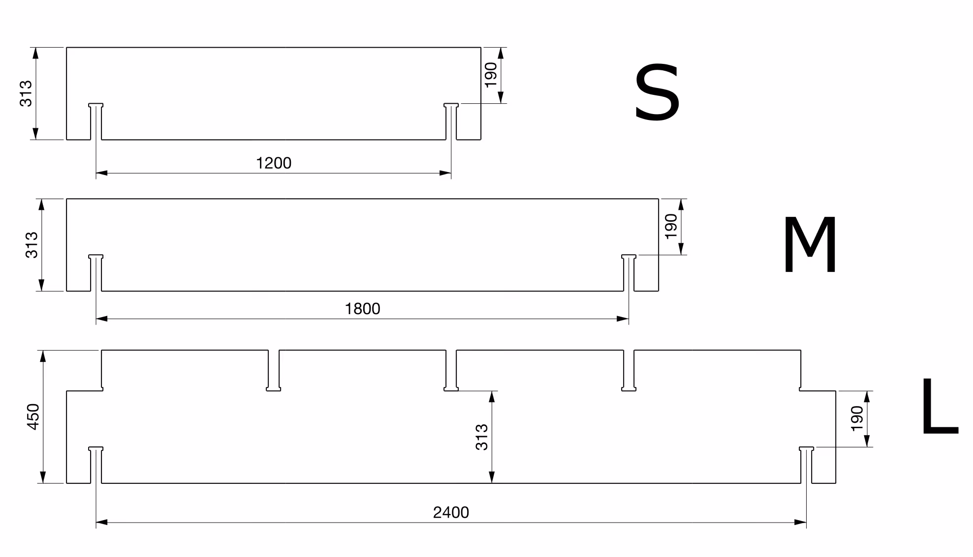 An image showing 3 Skylark 250 series lintels of different lengths. They range from S to L size.