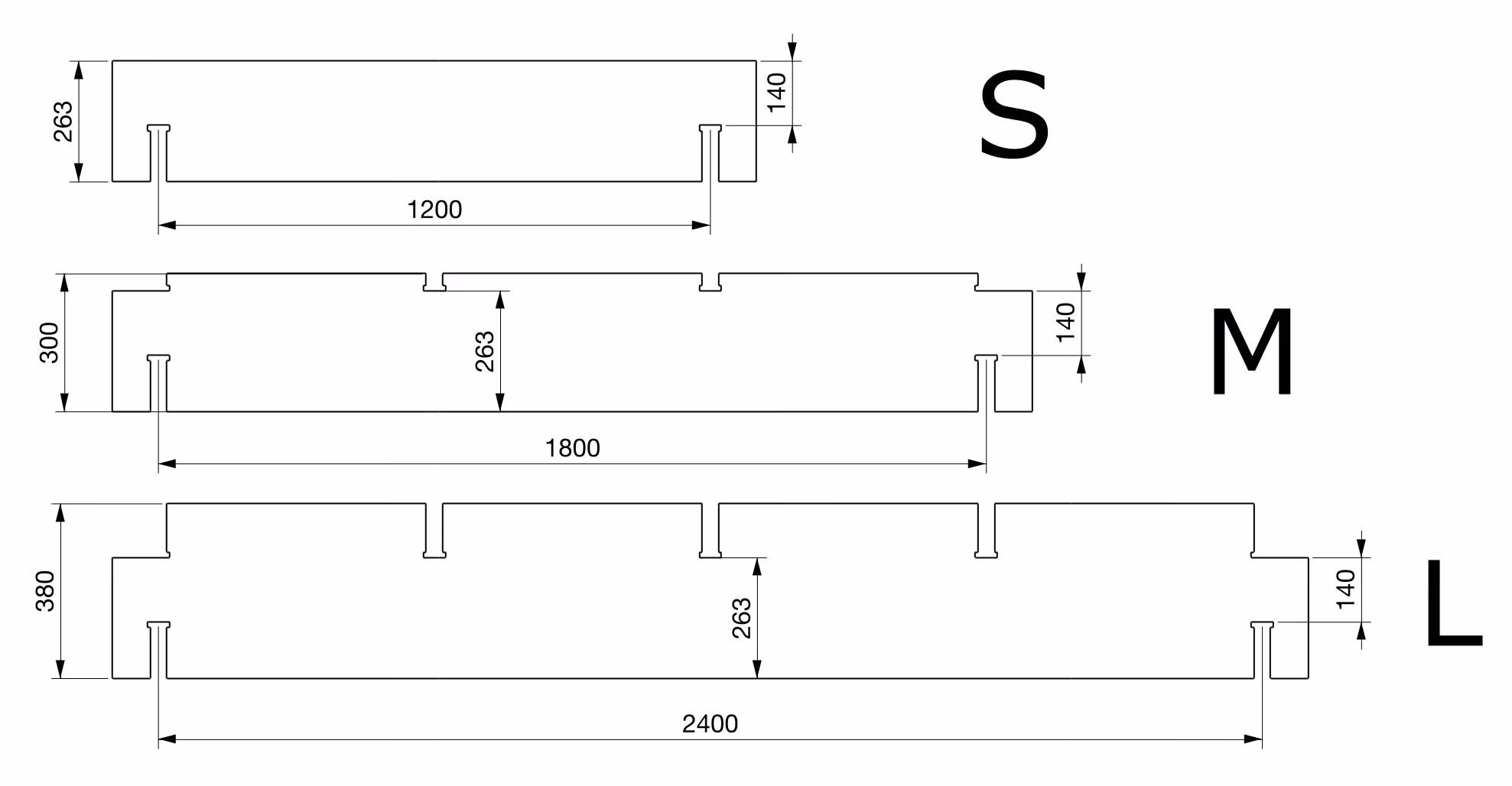 An image showing 3 Skylark 200 series lintels of different lengths. They range from S to L size.