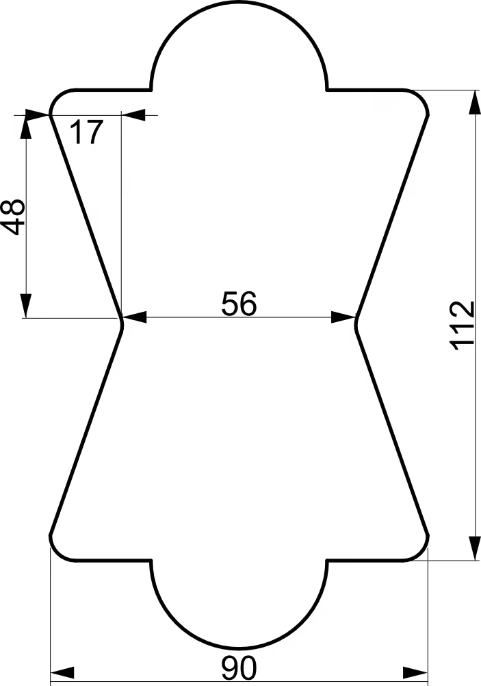 An image of a bow tie connector showing its geometry and dimensions.