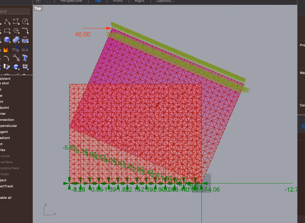 Screenshot of wall modelled to show a lateral load of 40 kN. The wall lifts up as a result.