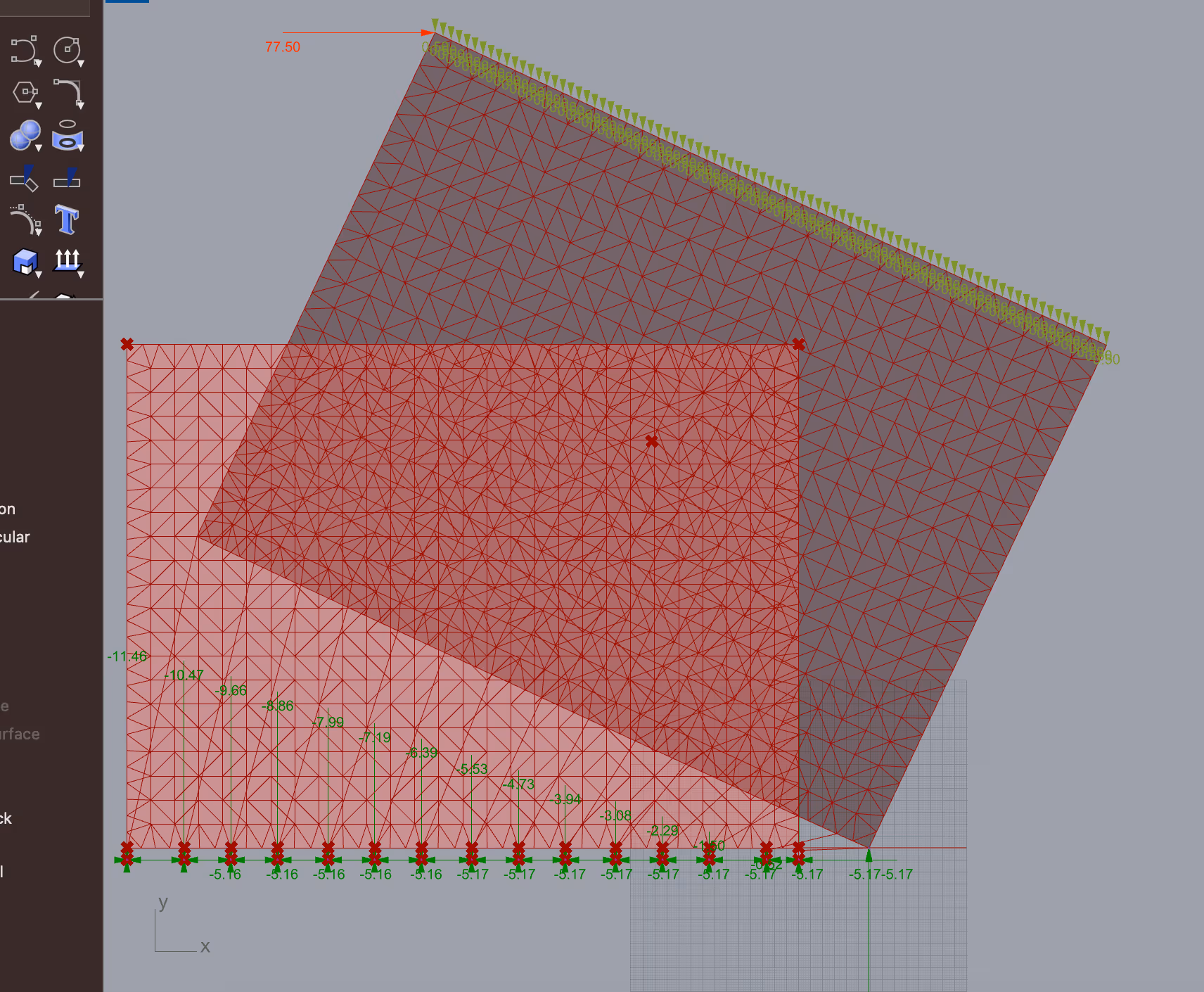 Screenshot of wall modelled to show a lateral load of 77.5 kN. The wall lifts up as a result.