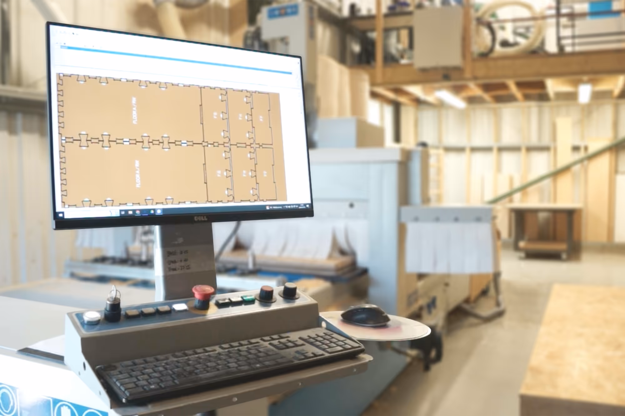 A CNC workshop. In the foreground, a computer mounted to a CNC machine shows WikIhouse cutting files.