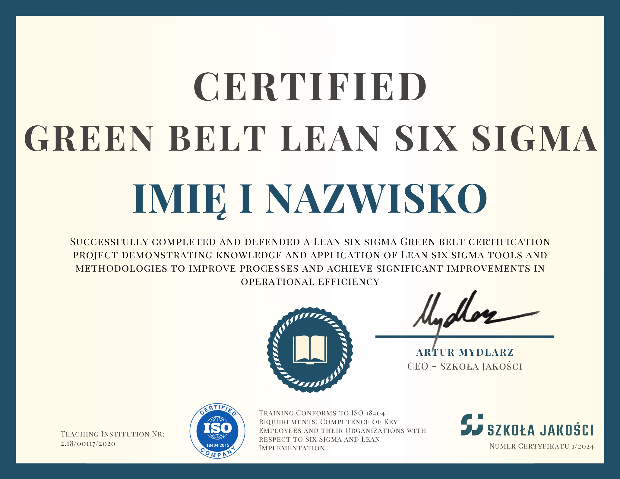 Wzór certyfikatu Green Belt Lean Six Sigma wydawanego przez Szkołę Jakości