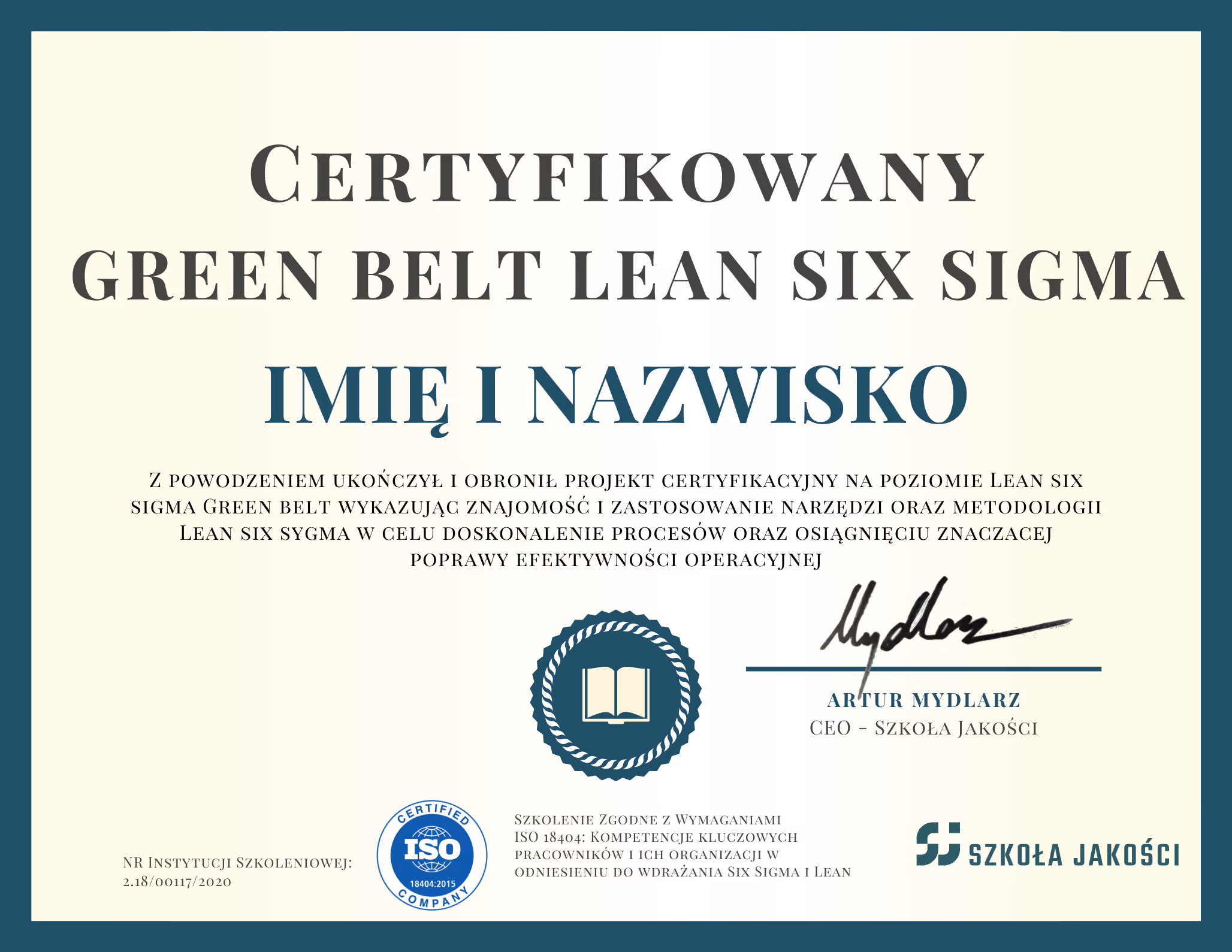 Wzór certyfikatu Certyfikowany Green Belt Lean Six Sigma, szkolenie zgodne z ISO 18404
