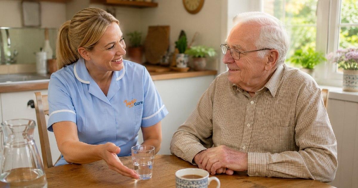 A home carer sitting beside an elderly man at a kitchen table, gently encouraging him to drink a glass of water to stay hydrated and help prevent urinary tract infections. 