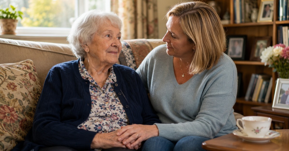 Family member holding hands with an elderly loved one with dementia in a warm home living room