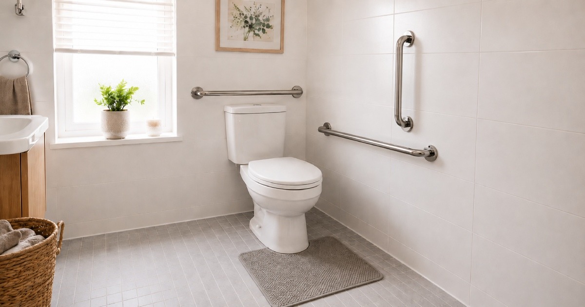 Grab bar and non-slip mat installed in a home bathroom to support a person with dementia