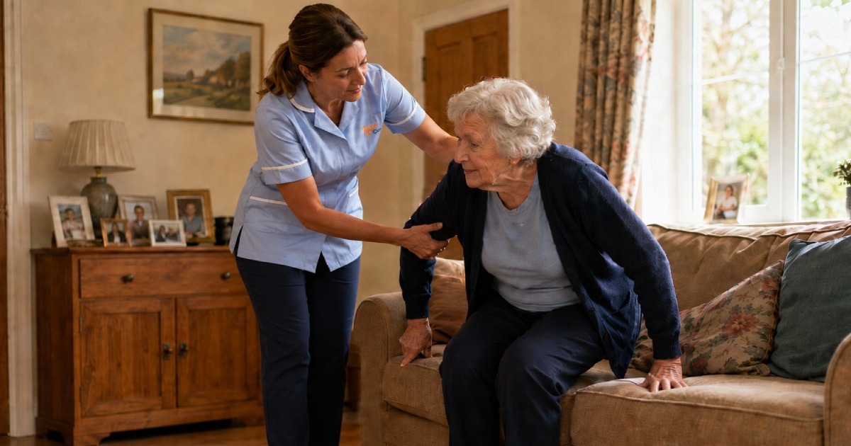 Home carer gently helping an elderly woman with dementia stand up from a sofa in a UK home