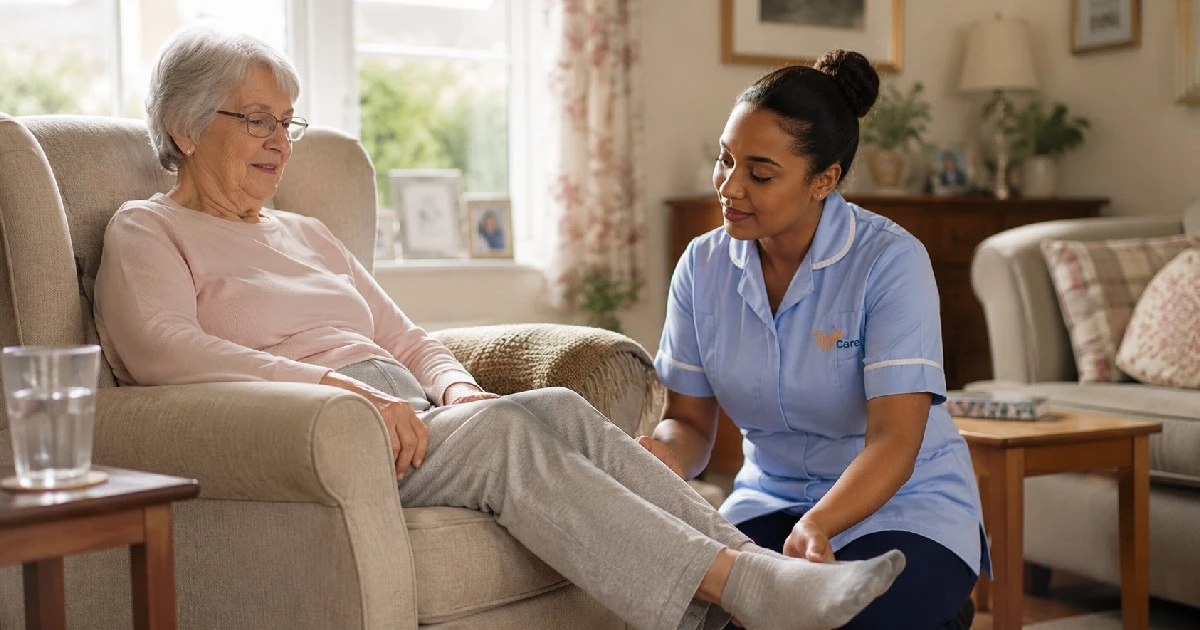 Care assistant supporting an older person with gentle physiotherapy exercises at home during post-operative convalescence