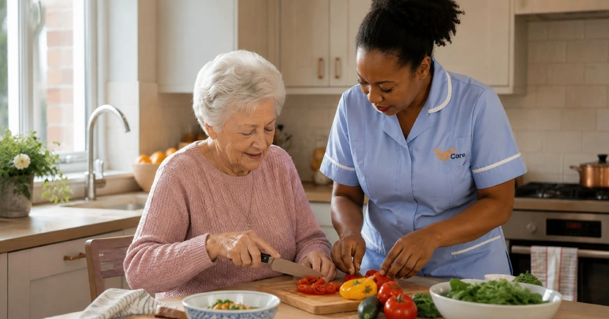 Care assistant helping an elderly person prepare a healthy meal at home during convalescence