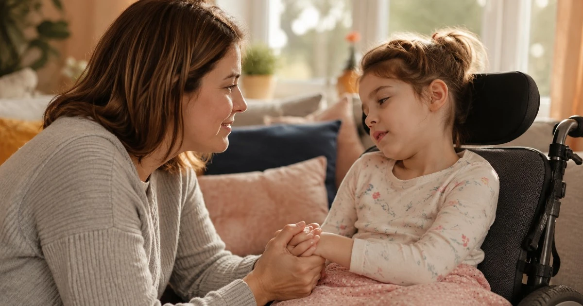 A parent holds the hand of a young child sitting in a wheelchair, in a warm, softly lit home environment, representing a family affected by childhood dementia